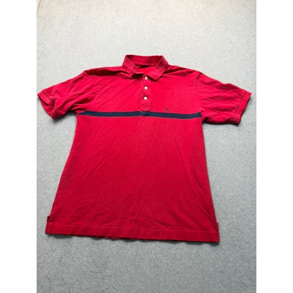 Nautica Mens Red Short Sleeve Polo Shirt Navy Chest Stripe Logo Pique Knit